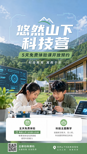 「图片1」把不含住宿去除，体现5天免费课，免费课在每天上午10:00-12:00，科技主题主要包含航空航天无人机科技建筑预览效果