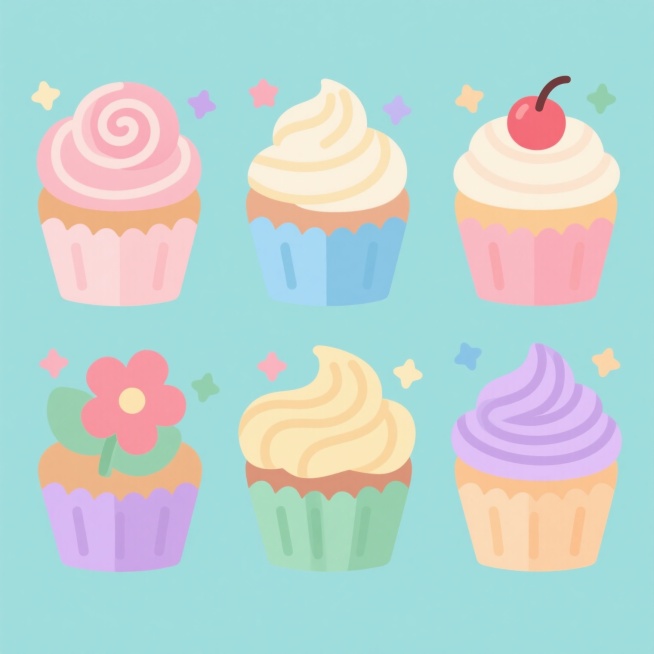 一组六个造型各异的卡通风格纸杯蛋糕插画，保持统一的圆润线条、简洁造型和柔和阴影，每个蛋糕具有不同的奶油裱花样式（如螺旋、玫瑰、波浪、花朵、褶皱、漩涡），顶部均有一颗樱桃，周围点缀不同颜色和大小的星星，背景为纯色且每个蛋糕背景色各不相同（分别为浅粉、浅蓝、浅黄、浅绿、浅紫、浅橙），整体采用规整的2x3网格布局，所有元素保持一致的可爱治愈氛围和扁平化设计风格。预览效果