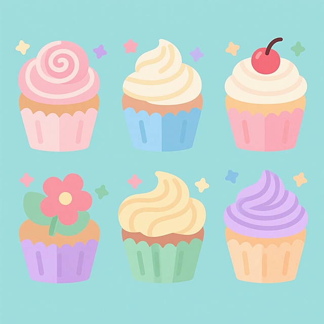 一组六个造型各异的卡通风格纸杯蛋糕插画，保持统一的圆润线条、简洁造型和柔和阴影，每个蛋糕具有不同的奶油裱花样式（如螺旋、玫瑰、波浪、花朵、褶皱、漩涡），顶部均有一颗樱桃，周围点缀不同颜色和大小的星星，背景为纯色且每个蛋糕背景色各不相同（分别为浅粉、浅蓝、浅黄、浅绿、浅紫、浅橙），整体采用规整的2x3网格布局，所有元素保持一致的可爱治愈氛围和扁平化设计风格。