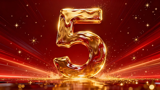 一张极具震撼力与高端感的倒计时海报，海报中央是巨大的液态黄金立体数字“5”，表面有流动光泽和细腻纹理，边缘闪耀着金色辉光，背景是深邃的红色渐变空间，充满放射状的能量光波和璀璨的金色粒子星辰，C4D渲染，电影级布光，营造出倒计时即将爆发的史诗感和期待感，8k高分辨率，无任何瑕疵