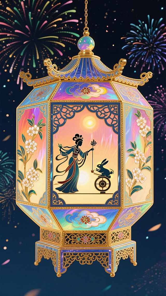 中式复古风格灯笼，融合皮影剪影与鎏金装饰，梦幻光影中嫦娥玉兔共舞，烟花璀璨映衬喜庆中秋，唯美元素交织奢华美感。