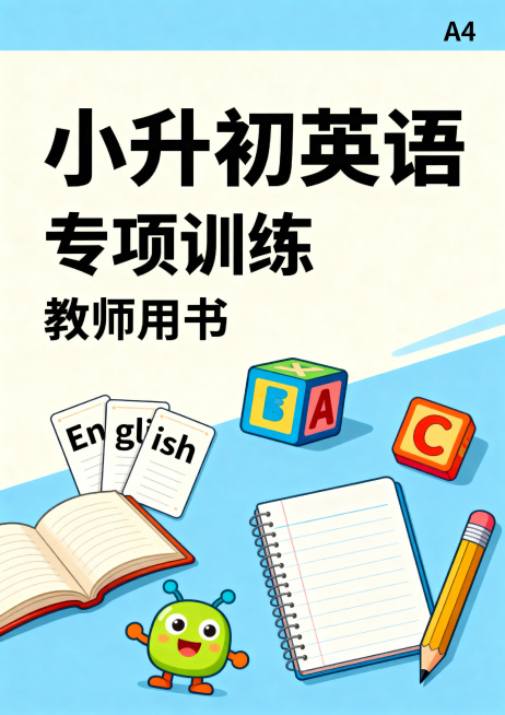 A4尺寸小升初英语教材封面，主标题为“小升初英语”，第一副标题为“专项训练”，第二副标题为“教师用书”，画面包含丰富英语学习元素，营造清新专业的英语教育场景，设计排版简洁清晰，文字醒目突出，整体风格适预览效果