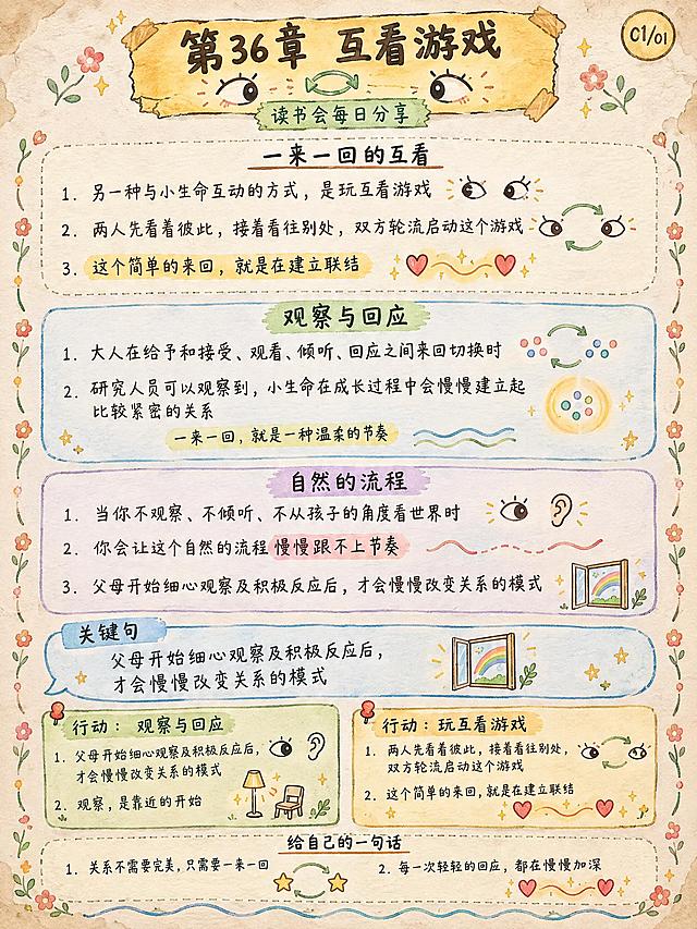 手绘涂鸦笔记(Sketchnote)风格，经典手账风，3:4竖版画布，浅米色纸张纹理背景，边角有水渍效果，纸面有轻微褶皱感，柔和暖色系配色，黑色轮廓，暖黄、草绿、砖红点缀，中文手写体字体，标题加粗。右上角圆形徽章标注“01/01”。

画面顶部标题区：暖黄色做旧感横幅，两端有胶带粘贴效果，横幅内写加粗标题“第36章 互看游戏”，横幅下方细长浅绿色条带内写副标题“读书会每日分享”，标题旁画两只温柔的眼睛，一只看向左边，一只看向右边，中间有一条柔和的循环箭头，整体是看着彼此、又各自看向别处的意象，气氛温和。

上部约1/3处核心理念区：米白色圆角大框，框边虚线，框顶部加下划线写“一来一回的互看”。框内内容：1.“另一种与小生命互动的方式，是玩互看游戏”，旁边画两只温柔的眼睛，一只看向左边，一只看向右边；2.“两人先看着彼此，接着看往别处，双方轮流启动这个游戏”，旁边画一条柔和的循环箭头，箭头两端各有一只温柔的眼睛；3.“这个简单的来回，就是在建立联结”用暖黄色高亮，旁边画两颗心之间有一条温暖的光带。

中部观察与回应的力量区：浅蓝色圆角大框，框顶部用草绿色高亮写“观察与回应”。框内内容：1.“大人在给予和接受、观看、倾听、回应之间来回切换时”，旁边画一条柔和的循环箭头，箭头两端各有几个小圆点；2.“研究人员可以观察到，小生命在成长过程中会慢慢建立起比较紧密的关系”，旁边画一圈柔和的光晕，光晕里有几个小圆点相互靠近；小字提示“一来一回，就是一种温柔的节奏”，旁边画两条柔和的波浪线，波浪线慢慢变得同步。

中部偏下自然流程区：浅紫色圆角大框，框顶部写“自然的流程”。框内内容：1.“当你不观察、不倾听、不从孩子的角度看世界时”，旁边画一只温柔的眼睛和一只温柔的耳朵并排摆放；2.“你会让这个自然的流程慢慢跟不上节奏”用砖红色高亮，旁边画一条柔和的波浪线，波浪线中间有一段变细的虚线；3.“父母开始细心观察及积极反应后，才会慢慢改变关系的模式”，旁边画一扇被轻轻推开的窗，窗外有一道柔和的小彩虹。

下部关键句区：浅蓝色对话气泡框，区域标题“关键句”。内容“父母开始细心观察及积极反应后，才会慢慢改变关系的模式”，旁边画一扇被轻轻推开的窗，窗外有一道柔和的小彩虹。

下部偏下行动方法区：两个并排小便签条，用图钉固定。便签一浅绿色：标题“行动：观察与回应”，内容1“父母开始细心观察及积极反应后，才会慢慢改变关系的模式”旁画温柔的眼睛和温柔的耳朵并排摆放；内容2“观察，是靠近的开始”旁画温暖的小灯，灯光下有小椅子。便签二暖黄色：标题“行动：玩互看游戏”，内容1“两人先看着彼此，接着看往别处，双方轮流启动这个游戏”旁画两只温柔的眼睛，中间有柔和的循环箭头；内容2“这个简单的来回，就是在建立联结”旁画两颗心之间有温暖的光带，光带里有小星星。

画面最底部安慰区：米白色圆角框，框顶部写“给自己的一句话”。内容：1.“关系不需要完美，只需要一来一回”，旁边画一条柔和的循环箭头，箭头两端各有一颗小星星；2.“每一次轻轻的回应，都在慢慢加深”，旁边画两颗心之间有一条温暖的光带。

整体装饰：花瓣形小圆点之间用手绘小弧线连接成环形，空白处点缀小星星和手绘小花，底部画波浪线象征互动的流动。所有线条和图形带有轻微手绘感，不要过于僵硬完美。