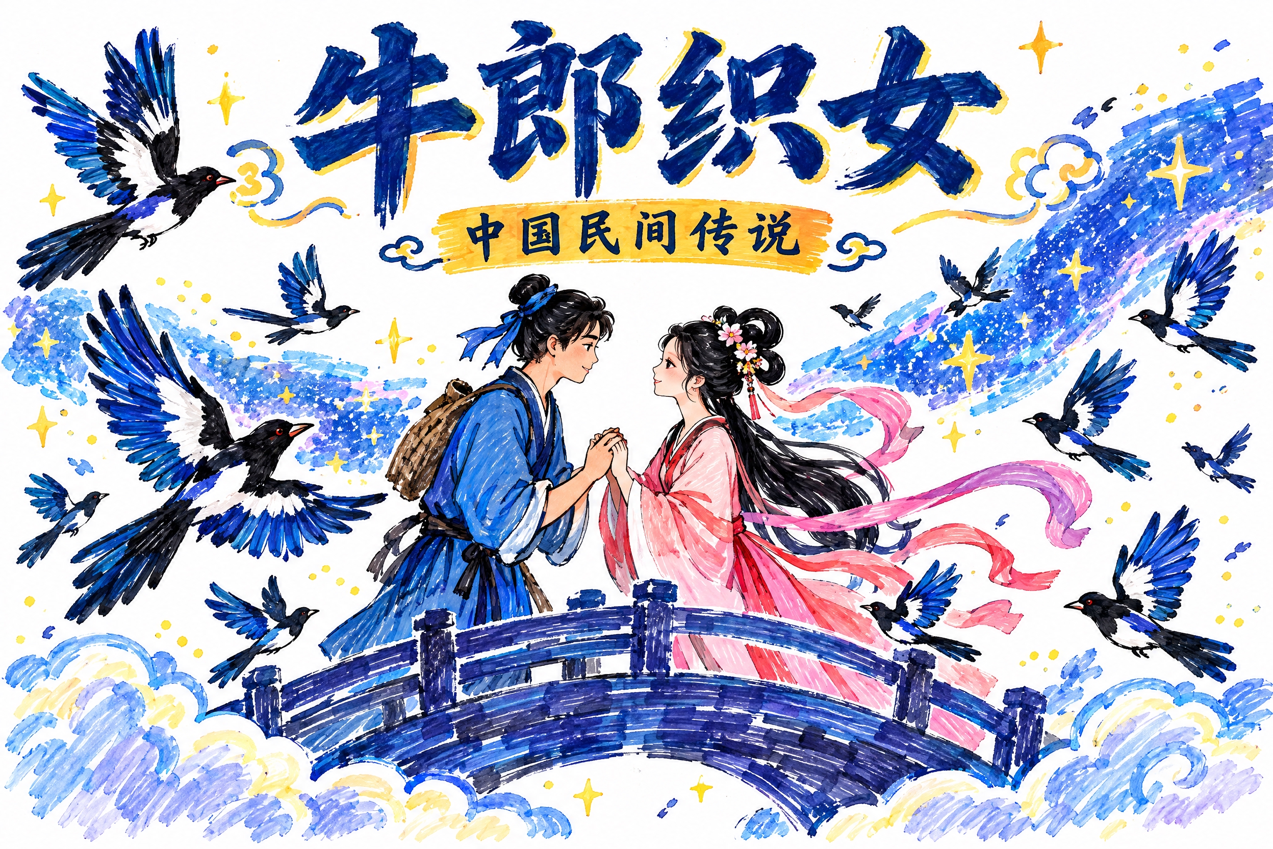 马克笔手绘风格，白底手绘风，牛郎织女故事折页封面。画面中央是牛… - 图片创意预览
