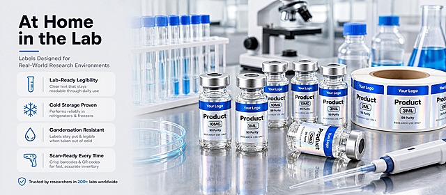 [商品] 使用【图1】【图2】的西林瓶标签产品（蓝色Your Logo条、Product、10MG/3ML、镭射银光栅彩虹底、RESEARCH USE ONLY），保留产品原貌。产品出现在实验室真实使用场景中：实验台面上摆放着贴好标签的西林瓶、标签卷、移液器、培养皿、试管架等实验用品，体现产品在实际实验环境中的应用。
[画面] 页面目标：展示产品在实验室场景中的实际使用，增强代入感和专业可信度。构图：采用全新的左右分栏+场景融合排版，不与【图3】雷同。左侧约35%为标题+4个实验室场景下的产品价值点（清晰易读、耐低温、抗冷凝水、扫描便捷），右侧约65%为沉浸式实验室场景大图：不锈钢实验台，上面摆放多瓶贴了标签的西林瓶、一卷标签、移液器、培养皿、试管架，背景虚化的显微镜和蓝色试剂瓶，整体氛围专业真实。左侧文字区与右侧场景自然过渡。
[视觉] 套系策略：风格=跨境实验室真实商业摄影风；标题字=现代无衬线超粗体；正文字=简洁无衬线体；主色=冷灰蓝调（实验室氛围）；背景延展=左侧浅灰渐变过渡到右侧真实实验室场景+细腻金属台面反光；强调色=产品亮蓝色（用于图标、下划线）；标题色=深藏青近黑；正文色=中深灰；组件=蓝色线性图标、极简分割线、半透明文字卡片；光影=实验室冷白顶光，金属台面有柔和反光，瓶身通透，标签镭射效果清晰。
[文字] 左侧顶部大标题"At Home in the Lab"，副标题"Labels Designed for Real-World Research Environments"。下方4个价值点：1. 试管图标 + "Lab-Ready Legibility" / Clear text that stays readable through daily use；2. 雪花图标 + "Cold Storage Proven" / Performs reliably in refrigerators & freezers；3. 水滴图标 + "Condensation Resistant" / Labels stay put & legible when taken out of cold；4. 扫码枪图标 + "Scan-Ready Every Time" / Crisp barcodes & QR codes for fast, accurate inventory。底部小字"Trusted by researchers in 200+ labs worldwide"。所有文字横排，英文地道。
[规格] 图片比例约16:7横版，分辨率4K，负向提示：避免排版与【图3】雷同、产品文字错误、场景不真实、中文出现。