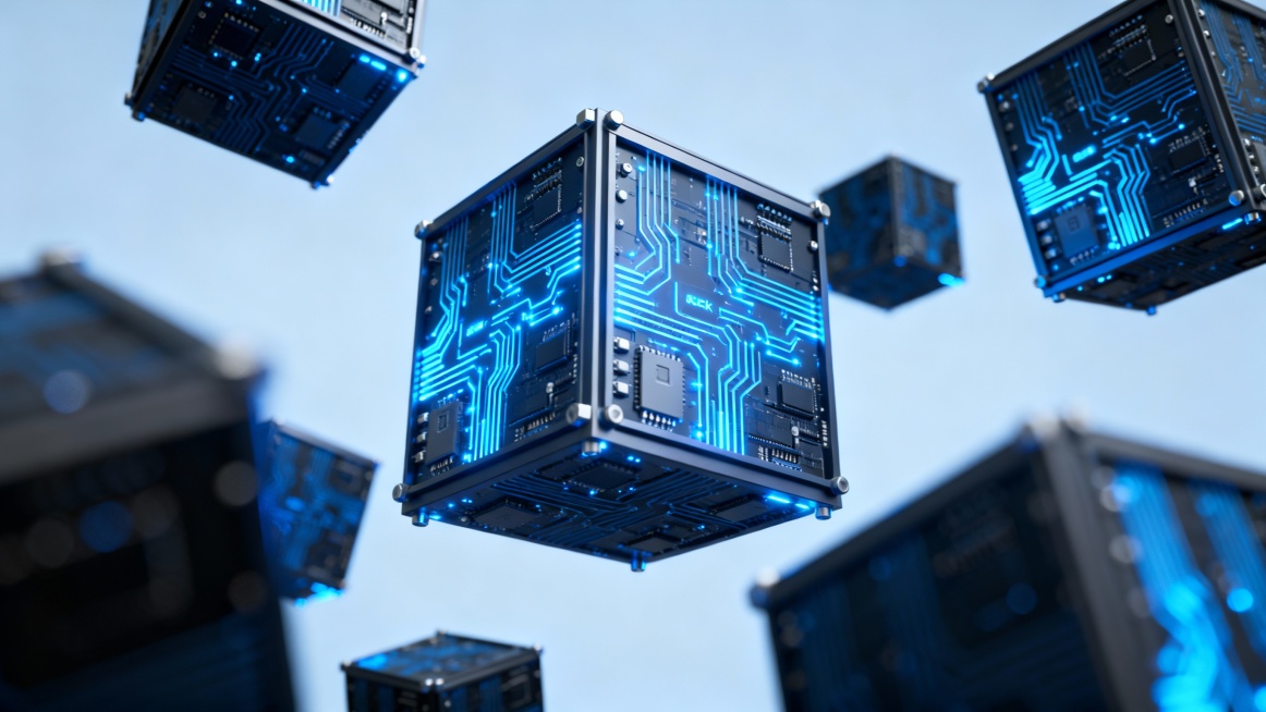 Modern crypto infrastructure architecture, floating server units with glowing circuits, centralized预览效果