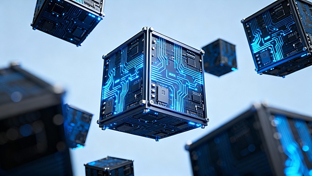 Modern crypto infrastructure architecture, floating server units with glowing circuits, centralized blockchain core emitting blue light, precision engineering style, clean futuristic design, no text, 16:9