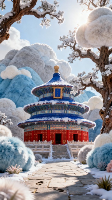 仰拍全景，冬日天坛的祈年殿蓝瓦覆雪，檐角挂着雾凇，周围古柏披霜，枝干遒劲。青石板路印着稀疏脚印，晴空湛蓝无云，阳光透过枝桠洒在殿身，红墙与白雪相映，古建的庄重撞碎冬日清冽。预览效果