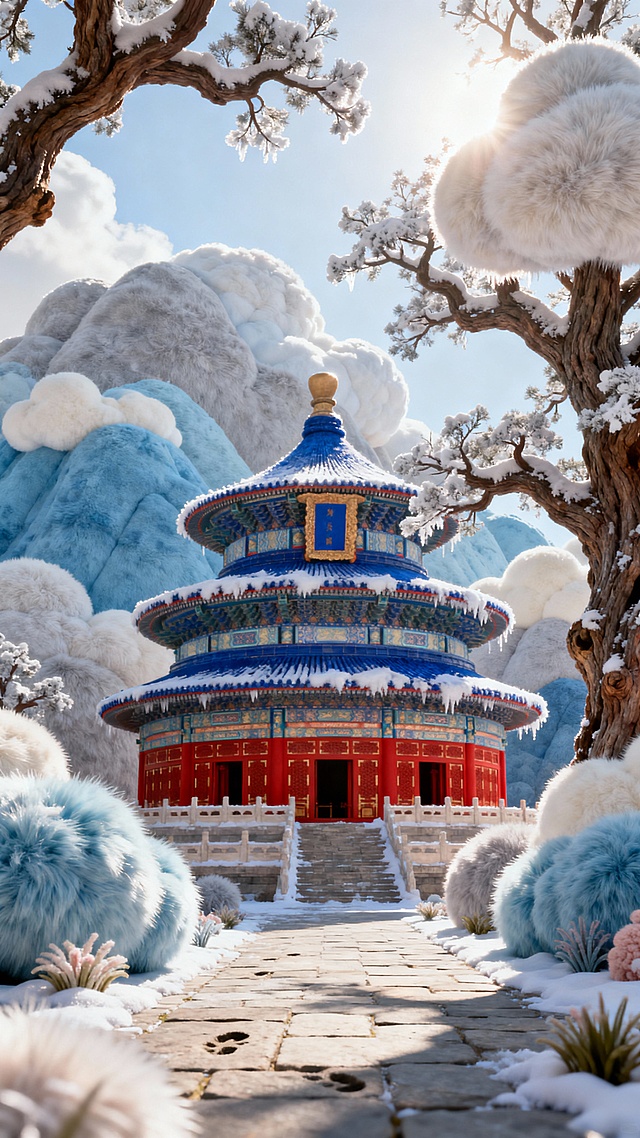 仰拍全景，冬日天坛的祈年殿蓝瓦覆雪，檐角挂着雾凇，周围古柏披霜，枝干遒劲。青石板路印着稀疏脚印，晴空湛蓝无云，阳光透过枝桠洒在殿身，红墙与白雪相映，古建的庄重撞碎冬日清冽。