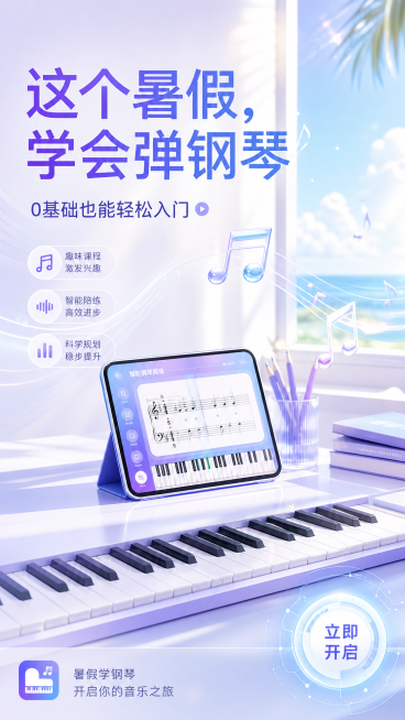 9:16竖版，中国国内信息流广告图，现代简约风，浅紫色+白色+淡蓝色夏日渐变主色调，无人物，高级感，轻科技感，高清细节，中国移动端广告风格，整体主题为"学生暑假学钢琴"，画面包含钢琴键盘、漂浮音符、柔预览效果