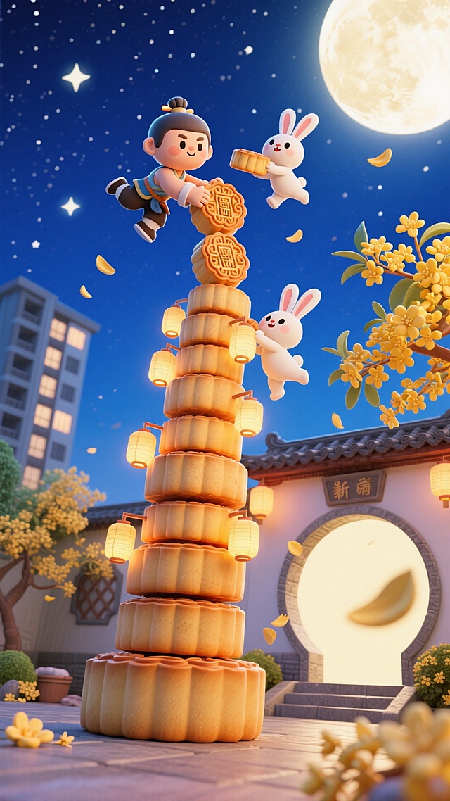 空中 Q 版吴刚和 Q 版玉兔一起搭月饼塔，塔尖插着小灯笼，旁边飘着桂花花瓣，下方是中式庭院月亮门与现代公寓楼相邻，背景是布满星星的深蓝色夜空