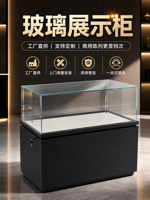 淘宝电商主图，展示玻璃展示柜，突出卖点：工厂直供，上门测量安装，质保售后一站式服务，商业设计风格清晰突出卖点预览效果