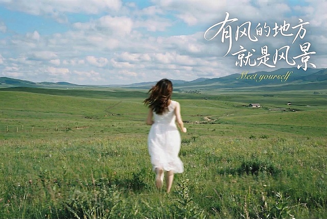 修改少女为背面朝向，保持在广袤绿色草地中奔跑，保留动态模糊效果，修改她的发型和衣服为背影形象，保留原有文字内容：白色艺术字"有风的地方就是风景"、黄色英文小字"Meet yourself"