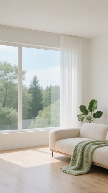 极简主义风格室内场景，明亮通透的客厅，大面积落地窗引入充足自然光，窗外是模糊的绿色树林和蓝天，白色垂坠感窗帘部分拉开，浅米色现代简约沙发，沙发上搭着一条浅绿色针织毯子，浅色木地板，墙角摆放一盆绿色观叶植物，整体色调以白色、米色、浅木色为主，营造宁静、舒适、干净的氛围，柔和的光影效果，高清晰度，真实质感。预览效果