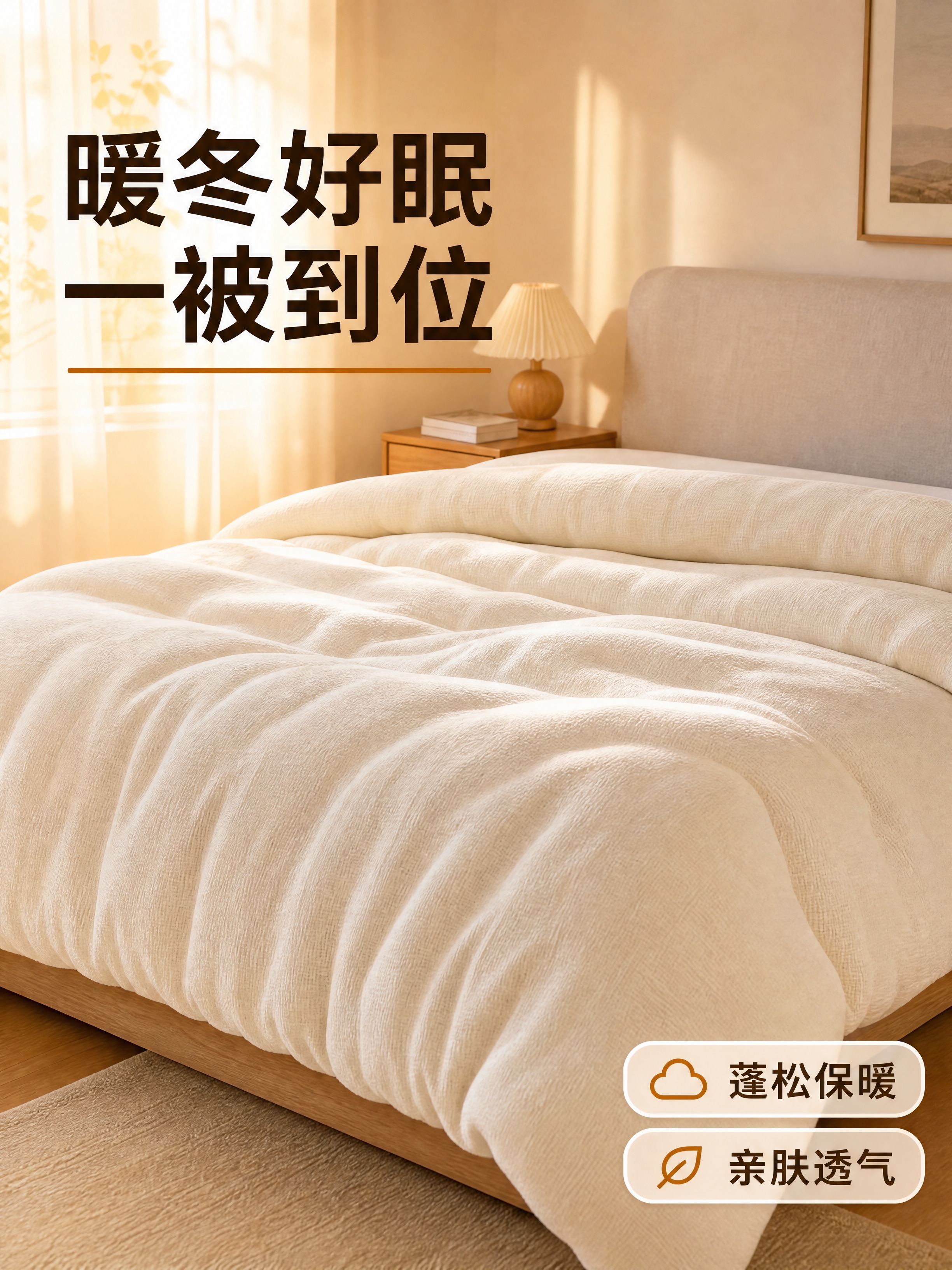 [商品] 使用【图5】手工棉花被卧室铺床场景；保留米白色棉被铺… - 图片创意预览
