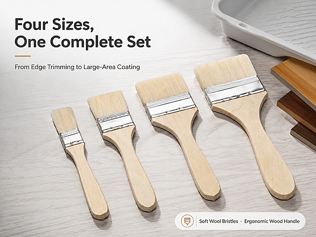 Amazon Premium A+ mobile hero banner for Jenck Wooden Handle Paint Brush Set. 4 flat paint brushes (1 inch, 2 inches, 3 inches, 4 inches) arranged diagonally from bottom-left to top-right on a light gray wood workshop surface, with a small paint tray and wood stain swatches in the background. Product appearance must match reference: natural poplar wood handle, silver metal ferrule, off-white soft wool bristles, flat brush head. Soft natural daylight from upper left, gentle shadows, commercial photography quality. Clean minimalist layout with title area on upper left. English text only, no Chinese characters. Main title in bold sans-serif: "Four Sizes, One Complete Set", subtitle below: "From Edge Trimming to Large-Area Coating". Bottom right small info tag: "Soft Wool Bristles · Ergonomic Wood Handle". Light gray gradient background #F2F2F2, warm wood tone accents, professional tool aesthetic. High-end minimalist Amazon A+ style, realistic product rendering, no price, no discount, no QR code.