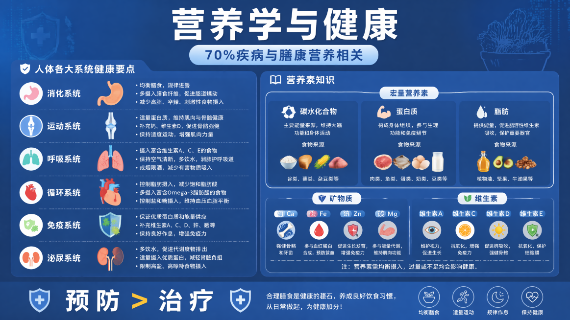 营养学的意义
学70%的疾病与膳食和营养素摄取有关
二、人体各大系统与健康意义
1. 消化系统
 口腔：牙齿健康
舌咽：舌苔清理 + 进食时避免大哭或情绪紧张
食道：忌过烫食物，冷食相对可接受。
·胃预览效果
