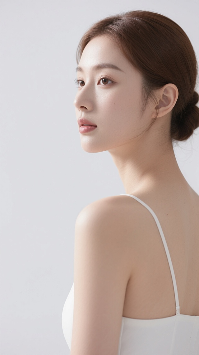 白色背景下的女性侧脸特写，专业级美妆摄影风格，光线柔和均匀，从左上方45度角照射，在面部右侧形成自然过渡的阴影，凸显清晰的下颌线与高挺鼻梁。女性皮肤质感细腻通透，呈现健康自然的光泽，无明显瑕疵。棕色头发梳成整洁的低发髻，发丝光滑服帖，发尾微卷。身着白色抹胸上衣，肩部线条优美流畅。整体构图采用三分法，人物占据画面右侧三分之二空间，面部朝向左前方，眼神自然平视，嘴唇轻抿，表情平静柔和。画面背景纯净无瑕，边缘锐利无虚化，人物轮廓清晰分明，具有商业级美妆广告的高级感与简约美学。