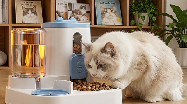 以图中的猫咪喂食喂水器为元素,猫猫在吃饭喝水,物体主体特征不变,设计6张跟猫咪喂食喂水器有关的图,比例 「16:9」