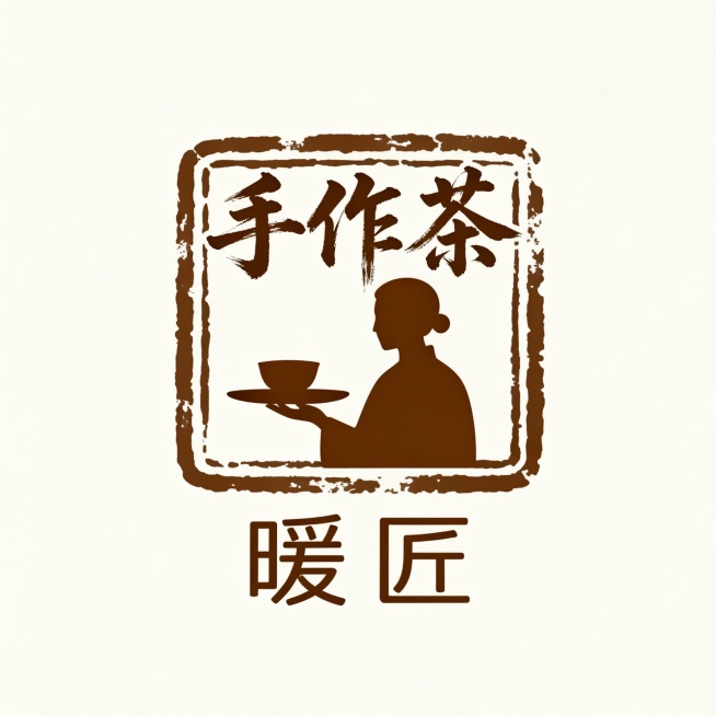 中国传统印章风格LOGO，单一深棕色系，纯色浅色背景，方形印章边框带有自然斑驳纹理，内部为手持托盘的人物剪影（可替换为与商品相关的人物或物体造型），上方搭配具有书法笔触的汉字（根据商品名称变换文字内容），下方为简洁排列的品牌名称标准字（可调整字体样式与排版），整体设计融合传统韵味与现代简约感，线条流畅，视觉层级清晰，突出手工制作与温馨感（可根据商品特性调整主题情感）。预览效果