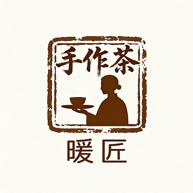 中国传统印章风格LOGO，单一深棕色系，纯色浅色背景，方形印章边框带有自然斑驳纹理，内部为手持托盘的人物剪影（可替换为与商品相关的人物或物体造型），上方搭配具有书法笔触的汉字（根据商品名称变换文字内容），下方为简洁排列的品牌名称标准字（可调整字体样式与排版），整体设计融合传统韵味与现代简约感，线条流畅，视觉层级清晰，突出手工制作与温馨感（可根据商品特性调整主题情感）。