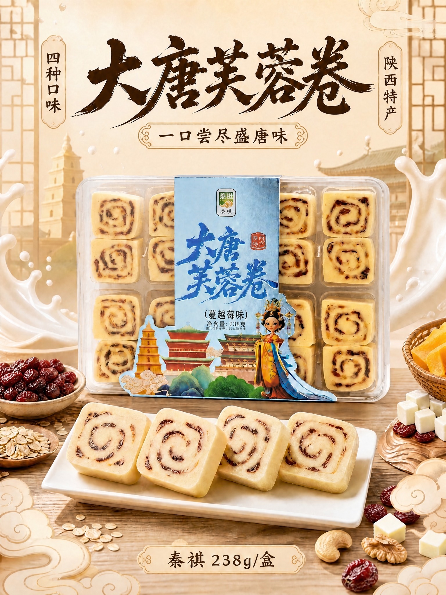 将图片右上角竖排文字“果粒软糯”修改为“陕西特产”，保持字体、… - 图片创意预览