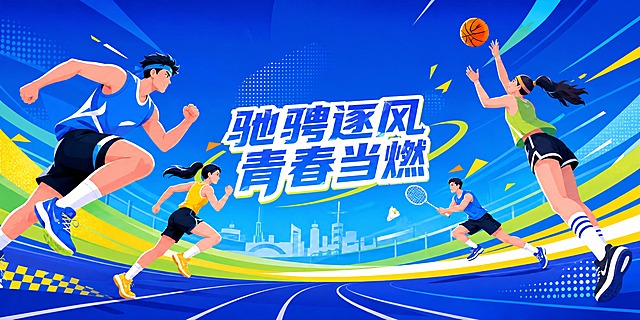 将这张运动主题海报的主标题"驰骋逐风 青春当燃"整体向下移动一些位置，从当前偏上的位置下移到画面更居中的位置。保持标题的大小、字体样式、颜色和描边效果完全不变。画面中所有其他元素（跑步人物、打篮球人物、打羽毛球人物、背景蓝色渐变、黄绿动感曲线、跑道、城市剪影、速度线条等）全部保持原样不动，只调整主标题的垂直位置，向下移动。整体风格、色彩、构图保持一致，2:1超宽横版比例。