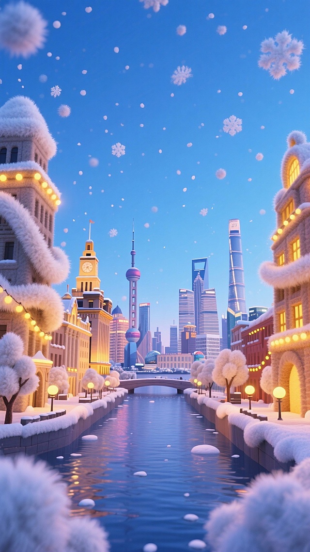 梦幻感与温馨感交织的软3D插画风城市雪景，毛发生长风建筑覆盖绒雪，粒子风雪花飘落，融合现代地标与卡通感街景，营造冬日童话氛围。