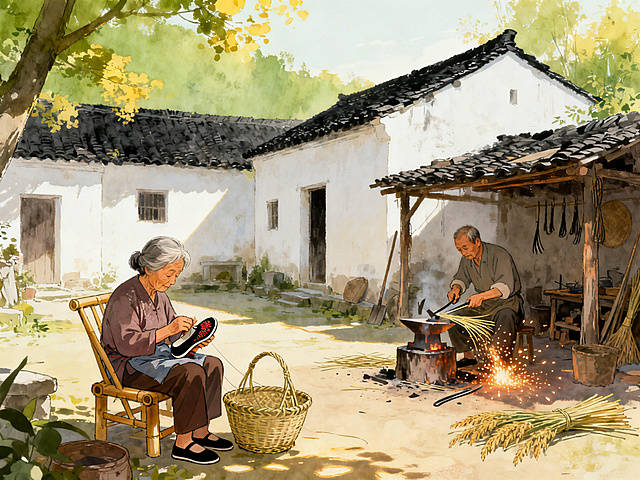 清新插画风格乡村场景，奶奶坐在竹椅上纳千层底布鞋，爷爷在院坝编竹篾背篓，不远处铁匠铺里打镰刀溅起细碎火星，白墙黑瓦民居环绕，暖黄阳光洒下，充满质朴烟火气