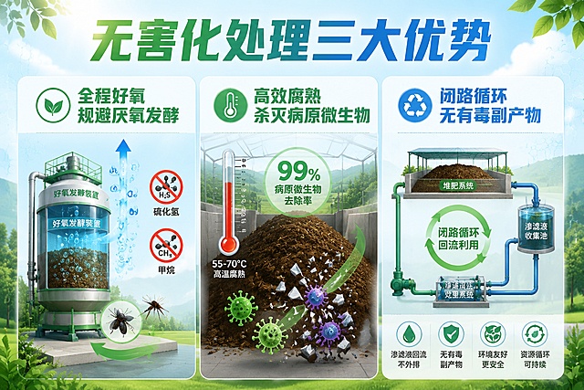 一张环保科技风格的无害化处理信息图，画面分为三个区域，用绿色和蓝色为主色调，清新干净的视觉风格。左侧区域：展示好氧发酵装置，有氧气气泡符号向上飘动，旁边有禁止符号划掉硫化氢和甲烷的化学分子式，还有蚊蝇被驱散的示意，配文字'全程好氧 规避厌氧发酵'。中间区域：展示高温堆肥腐熟的场景，温度计显示高温，有99%的数字标识和病原微生物被消灭的视觉效果（细菌病毒图案被击碎消散），配文字'高效腐熟 杀灭病原微生物'。右侧区域：展示闭路循环系统示意图，渗滤液通过管道回流到堆肥系统，形成闭环循环，没有废液向外排放，有绿色循环箭头，配文字'闭路循环 无有毒副产物'。整体画面专业、科学、环保，适合用于环保宣传或技术介绍，画面顶部有大字标题'无害化处理三大优势'。