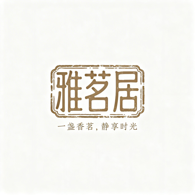 茶叶品牌logo设计，主logo文字“雅茗居”采用古朴仿篆书印章风格，结合复古图章徽章排版形式。副标题文字“一盏香茗，静享时光”采用瘦金体小字，位于主logo下方，整体风格简约高级，充满禅意，大师杰作预览效果