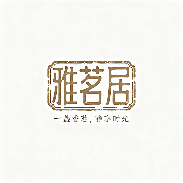 茶叶品牌logo设计，主logo文字“雅茗居”采用古朴仿篆书印章风格，结合复古图章徽章排版形式。副标题文字“一盏香茗，静享时光”采用瘦金体小字，位于主logo下方，整体风格简约高级，充满禅意，大师杰作，背景干净纯色。