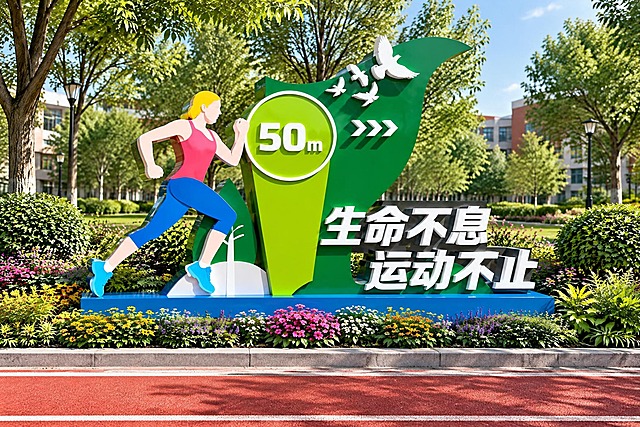 切换为正视图，雕塑正对镜头，正面平视角度，完整展示雕塑正面的所有元素：跑步人物、50m圆形标识、飞鸟造型、绿色树叶造型、"生命不息 运动不止"立体文字、蓝色底座等。雕塑立在花台边紧贴红色塑胶步道，保持烤漆光泽质感和立体落差效果，白天明亮自然光，校园绿树背景，真实光影投射，3:2横构图
