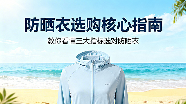 PPT封面，主题标题："防晒衣选购核心指南"，副标题：教你看懂三大指标选对防晒衣，背景是夏日海滩与防晒衣产品展示，清爽夏日风格，文字排版简洁清晰
