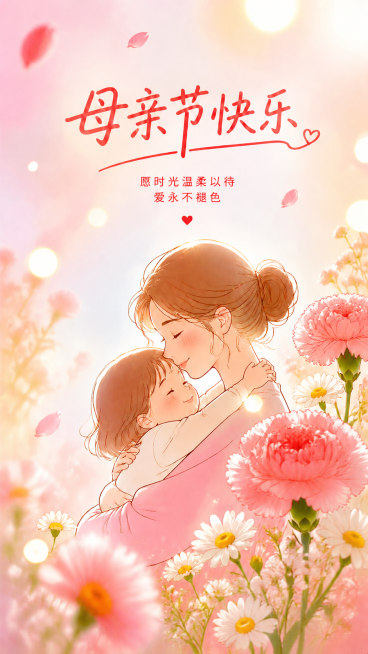 修改这张母亲节插画海报，提升画面色彩饱和度，让整体色调变得鲜艳明亮充满活力，保留所有元素、人物和文字内容不变，保持9:16竖版比例，画面氛围元气清新，色彩饱满通透预览效果