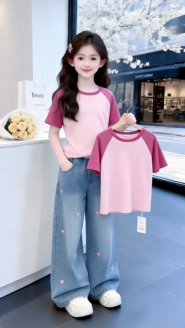 用图1短袖和牛仔裤替换掉图2的模特身上穿的衣服裤子和模特手里衣架上挂着的衣服，保留原场景光影，保持图2的人物的五官和发饰不变，姿势不变，背景不变，图片宽高尺寸不变，保持图1的短袖和牛仔裤的款式和颜色不变，高清