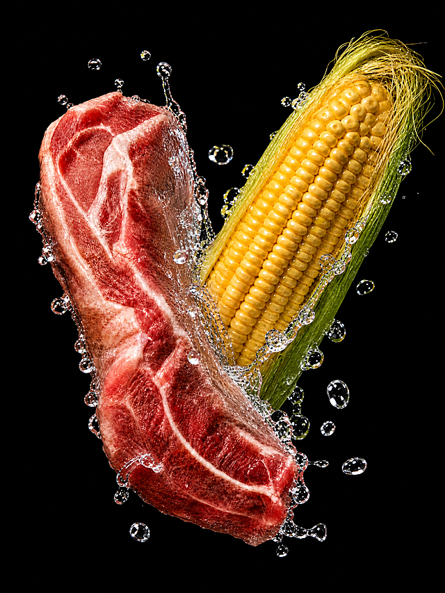 保持深色背景、玉米猪肉碰撞姿势不变，将水花调整为更大颗粒的水滴飞溅，减少过度细腻纹理，只保留大水滴飞溅效果，只保留食材表面粘连飞溅，保持抓拍动态