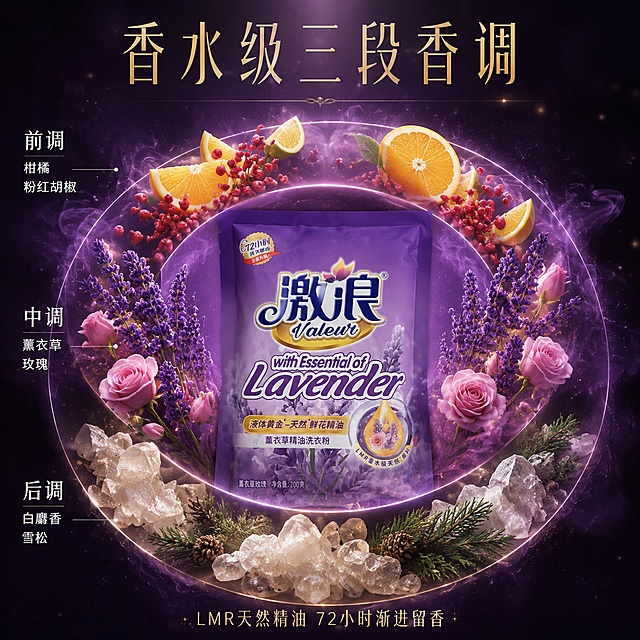 [主图-3] 激浪薰衣草精油洗衣粉香调层次说明图
[氛围风格] 高级香水感 香调金字塔 精致优雅 紫调高级感
[画质] 商业美妆级摄影 超高清精致 光影柔和 质感高级
[元素] 画面采用香水香调金字塔构图 中央是激浪薰衣草精油洗衣粉包装袋 正面展示 保持外观与输入图一致 无变形色差 产品占比约35% 周围环绕三层香调元素 最内层前调 新鲜柑橘切片和粉红胡椒颗粒 明亮清新 中间层中调 薰衣草花束和玫瑰花苞 饱满盛放 最外层后调 白麝香晶体和雪松枝 温润高级 三层元素呈圆形环绕产品 有淡淡的紫色香氛雾气从产品向外扩散 连接各层香调 背景为深紫色渐变到黑色 高级感强 有星星点点的光粒子点缀
[光影] 顶部柔光主光聚焦产品 四周压暗 形成聚光灯效果 每层香调元素有独立侧光勾勒 质感真实 香氛雾气有柔和发光 整体光影高级 像香水广告大片
[配色] 主色调深紫 黑色 金色 辅助色薰衣草紫 玫瑰粉 柑橘黄 雪松绿 整体色调高级神秘 香水感
[视角构图] 平视视角 中心放射构图 产品为核心 三层香调向外扩散 视觉动线清晰 画面满版 高级感强
[文字版式] 顶部大标题"香水级三段香调" 金色细体大号 优雅字体 居中 三层香调旁分别标注 前调"柑橘 粉红胡椒" 中调"薰衣草 玫瑰" 后调"白麝香 雪松" 白色细体中号 优雅排版 底部小字"LMR天然精油 72小时渐进留香" 金色小号 文字精致高级 不破坏画面
[输出要求] 1:1比例 文字清晰锐利 超高清香水级摄影质感
[负向提示词] 变形 文字错乱 产品模糊 背景杂乱 水印 电商平台Logo 廉价感 塑料感 多余人物