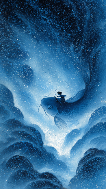 A Chinese ink painting of a child riding a giant koi fish through a starry galaxy, dreamlike swirls预览效果