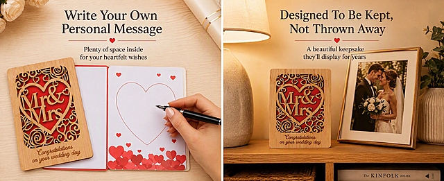 Amazon Premium A+ detail page feature banner, 2928x1200 ratio, split layout showing two key features of a wooden wedding card. Left panel: open card showing blank interior with heart-shaped writing area, a hand holding a fountain pen ready to write a personal message, headline "Write Your Own Personal Message" with description "Plenty of space inside for your heartfelt wishes". Right panel: the wooden card displayed on a home shelf next to a wedding photo frame and table lamp, warm cozy home interior, headline "Designed To Be Kept, Not Thrown Away" with description "A beautiful keepsake they'll display for years". Warm wood tones, soft ambient lighting, elegant wedding gift aesthetic, clean modern e-commerce layout with a subtle divider between sections, premium lifestyle photography.