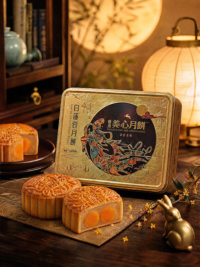 在画面正前方月饼铁盒的前面，摆放两枚完整的双黄莲蓉月饼，月饼表面有精致的中式花纹压模，油润金黄的酥皮质感，其中一枚微微切开露出双蛋黄与细腻白莲蓉内馅，两枚月饼自然错落摆放，与铁盒和场景光影统一，保持新中式轻奢高端风格，其余画面元素不变。