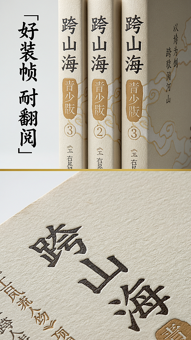 [第6屏] 书籍细节展示页-《跨山海》印刷装帧细节特写。
[氛围/风格] 质感呈现，清晰展示书本工艺，专业写实摄影风格。
[元素布局] 上半部分展示三册书书脊竖排特写，清晰展示书名和分册编号，保持书脊文字排版与原图一致；下半部分展示封面纸张局部微距特写，呈现纸张纹理和印刷清晰度；两部分上下拼接，各占一半区域，背景浅米黄统一底色，加入细金色分割线。
[光影质感] 柔和侧光，突出纸张肌理和印刷墨色，细节清晰锐利，阴影过渡自然。
[配色色系] 全局底色：#F9F3E6；延续原书配色：米黄底+棕黄色块+黑色文字，保持统一视觉。
[视角构图] 上下分屏结构，上部分为竖排书脊，下部分为封面微距特写，两种细节不同视角展示，满足用户对装帧质感的了解。
[文字版式] 左侧标题「好装帧 耐翻阅」竖排黑色书法字体，字号约占宽度8%，右侧对应展示细节，文字不遮挡细节主体。
[比例分辨率] 9:16竖版比例，4K分辨率，文字清晰可辨，超高清。
[负向提示词] 书脊变形，文字模糊，颜色失真，印刷模糊，水印