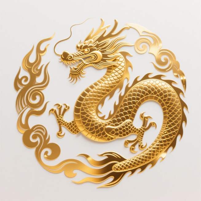 金色龙纹图腾，采用传统中国风纹样设计，龙首高昂，龙须飘逸，龙身呈环形卷曲，鳞片与火焰纹细节繁复精致，整体以渐变金色为主色调，边缘带有明亮高光，呈现出金属箔纸般的质感与光泽，线条流畅有力，充满威严与祥瑞之气，背景为纯白色，突出龙纹的主体地位和华丽视觉效果。预览效果