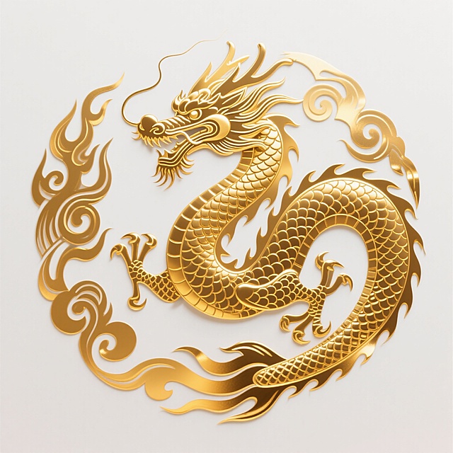 金色龙纹图腾，采用传统中国风纹样设计，龙首高昂，龙须飘逸，龙身呈环形卷曲，鳞片与火焰纹细节繁复精致，整体以渐变金色为主色调，边缘带有明亮高光，呈现出金属箔纸般的质感与光泽，线条流畅有力，充满威严与祥瑞之气，背景为纯白色，突出龙纹的主体地位和华丽视觉效果。