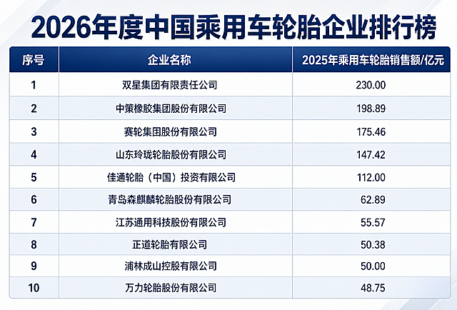 美化这张表格图片，保持原有数据和文字内容不变，设计成专业商务风格的数据表格。要求：标题"2026年度中国乘用车轮胎企业排行榜"醒目大气，表格线条清晰美观，表头有深色背景和白色文字，行间距均匀，数字右对齐，整体配色采用蓝灰色商务风格，排版整洁专业，适合用于报告和演示，高清质感
