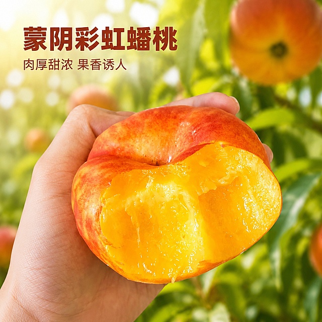[主图-1] 蒙阴彩虹蟠桃首图，突出咬开后果肉的食欲感。
[氛围风格] 新鲜自然，强食欲鲜果风格；
[画质] 商业摄影质感、光线柔和通透、产品清晰真实、画面干净高级。
[元素] 保持蒙阴彩虹蟠桃外观（形状、颜色、果肉纹理）与输入产品图绝对一致，杜绝任何变形和色差，精细化处理。商品主体占比严格控制在65%左右，满屏无边框。手持蟠桃展示咬开后的饱满果肉，背景融入清新果园氛围，自然不杂乱。
[光影] 自然暖阳逆光，突出金黄果肉的通透油亮光泽，暖光柔和，通透不灰蒙，高光不溢出，暗部有层次。
[配色] 主色调为蟠桃自然果肉金黄与果皮红晕，背景浅绿自然配色。
[视角构图] 平视中心构图，景深适中，轮廓完整不裁切。
[文字版式] 左上负空间左对齐留安全边距，大字文案“蒙阴彩虹蟠桃”，蟠桃红棕色最大号粗体无衬线；辅助小字“肉厚甜浓 果香诱人”，约半高、同色系。
[比例分辨率] 1:1比例，2K分辨率，文字清晰锐利，超高清。
[负向提示词] 变形，文字错乱，产品图模糊，背景杂乱，水印，电商平台Logo
