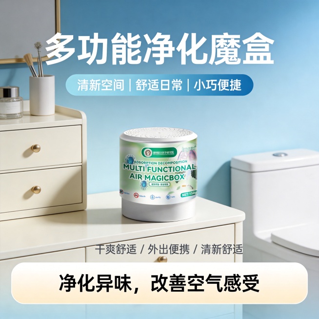 设计类型：写实

设计风格：商业风

主体：主体占画面比例40%，占据画面中部核心区域；卫生间背景，放置于浅米白化妆柜上，柔和柔光布光

装饰元素浅蓝渐变柔雾背景

色调：洁净色调

氛围：促销感预览效果