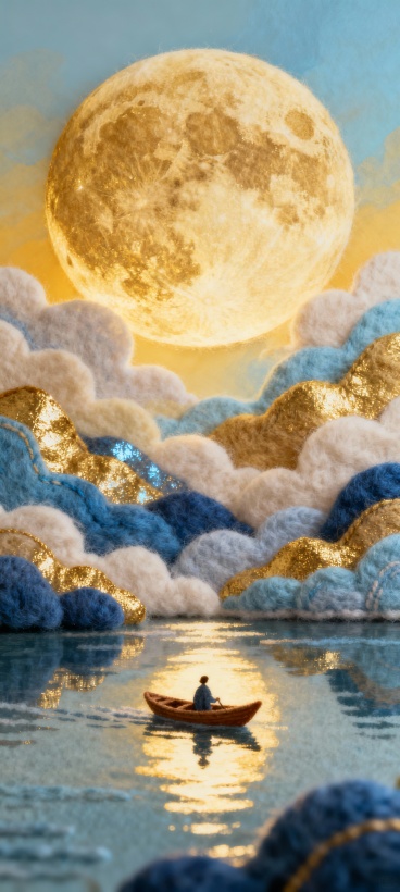 画面以巨大的金色满月为视觉中心，月光晕染开暖黄与淡蓝交织的色调，云层与山峦都被镀上金、蓝光泽，下方平静的水面倒映着月光，一叶扁舟载着旅人漂于江上，梦幻毛毡风格预览效果