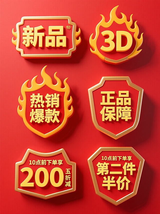 一套6个规整排布的3D风格促销标签，采用纯红色背景，边缘有立体金色描边和火焰装饰元素，标签内含黄色立体文字，文字内容包含“新品”、“热销爆款”、“正品保障”、“10点前下单享五折再减200”、“第二件半价”等不同促销信息，整体呈现出强烈的视觉冲击力和促销氛围，标签造型多样，有火焰形、盾形、不规则多边形等，每个标签均有明显的立体浮雕质感和高光阴影效果，保持统一的3D立体风格和促销设计感。