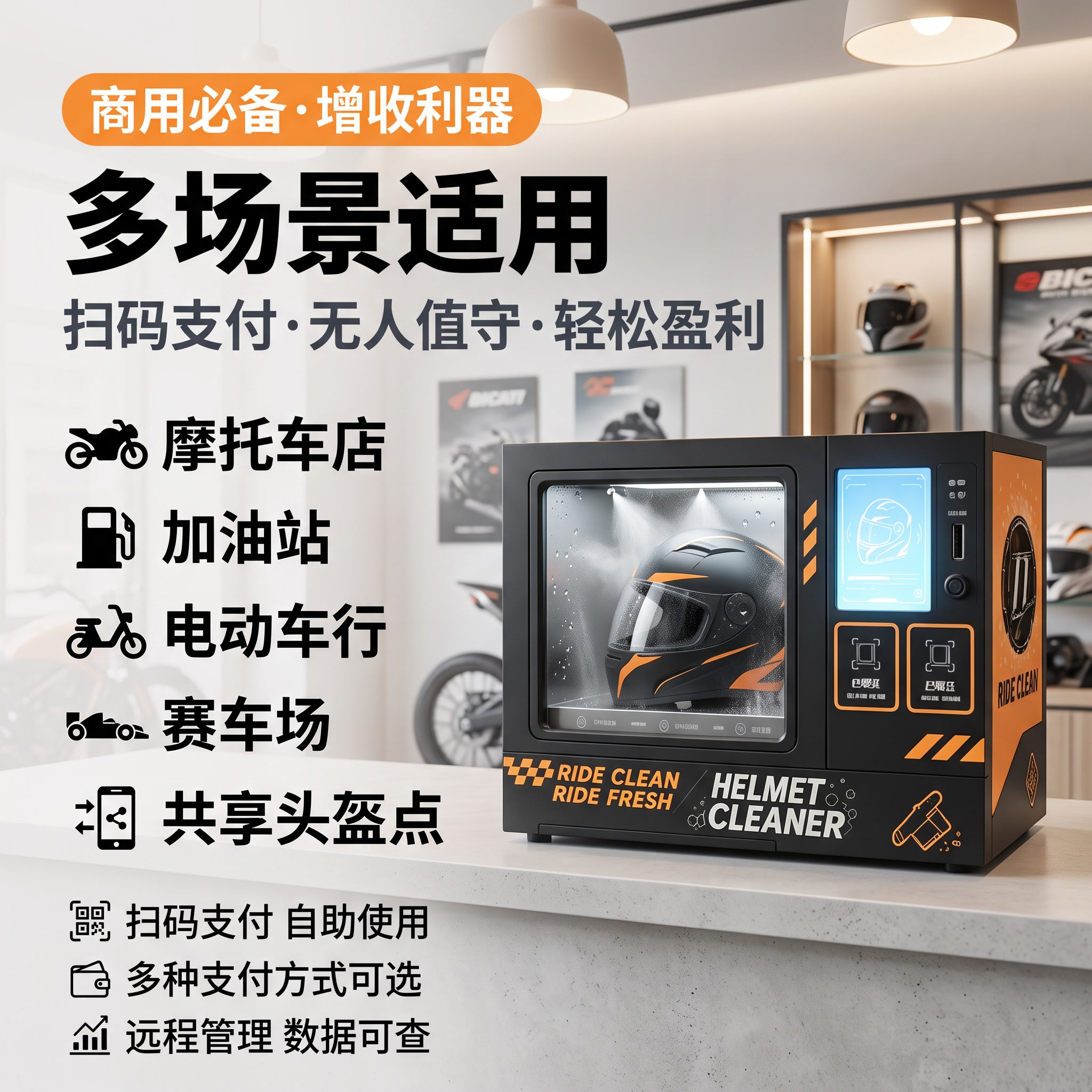 [主图-4] 全自动头盔清洗机真实使用场景图，摩托车店/加油站… - 图片创意预览